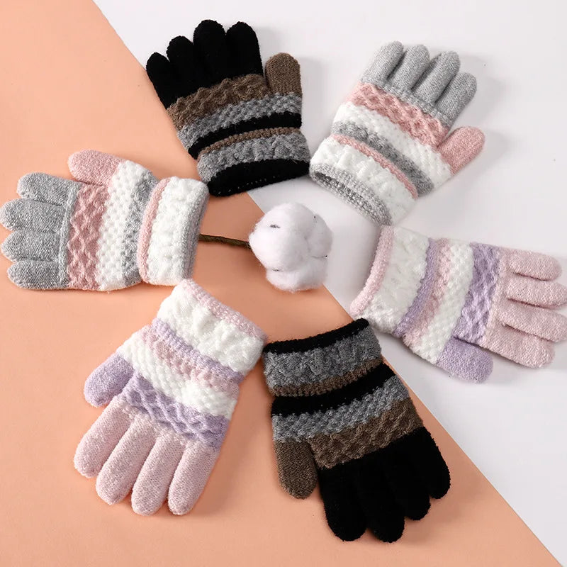 Winter Kindergarten Children Striped Split Finger Gloves Thick Warm Kids Knitted Glove 3-6year Boy Girl Baby Hand Warmer Mittens