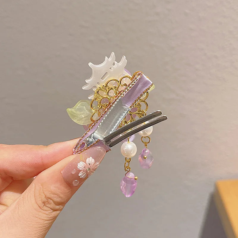 Children's Antique Style Tassel Hair Clip Headwear for Girls Hanfu Flower Hair Clip for Girls Bangs Hair Accessory
