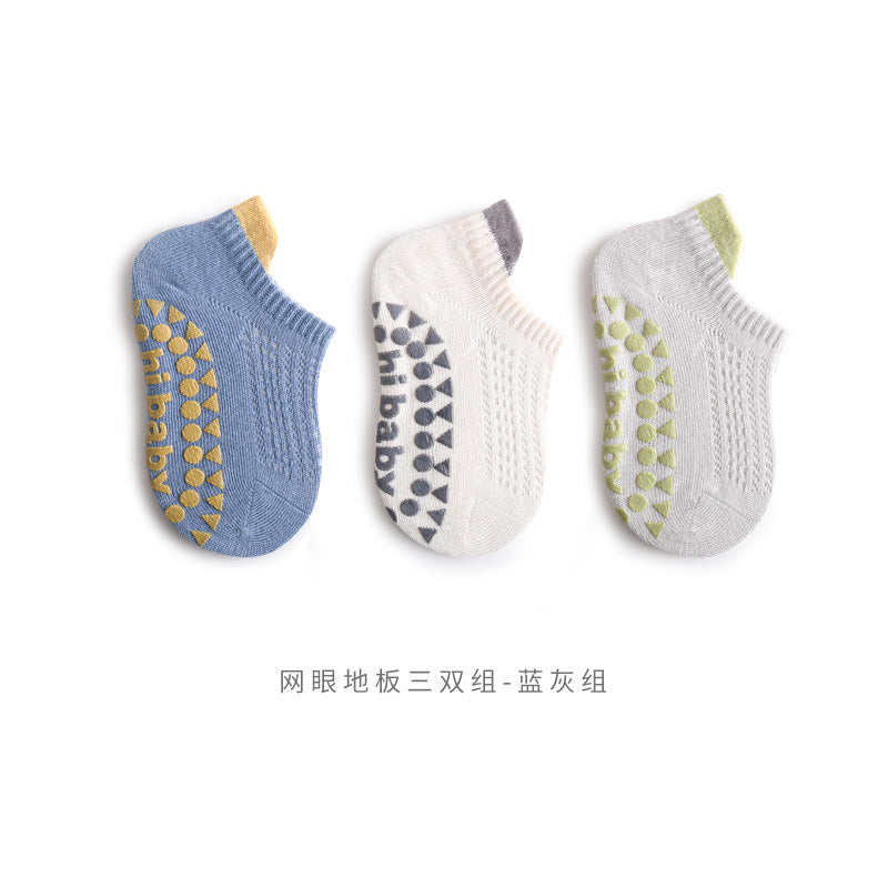 Lot de 3 paires de chaussettes d'été pour bébé, couleur unie, antidérapantes, en silicone, en maille respirante, fines, pour l'intérieur