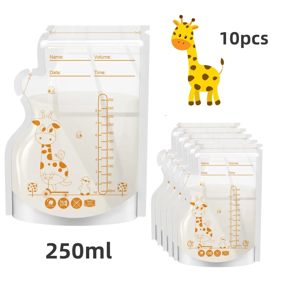 Sachets de conservation du lait maternel PE Giraffe, 250 ml, 30 pièces/60 pièces par paquet, étiquettes pré-adhésives, sans BPA, étanches,