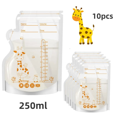 Sachets de conservation du lait maternel PE Giraffe, 250 ml, 30 pièces/60 pièces par paquet, étiquettes pré-adhésives, sans BPA, étanches,