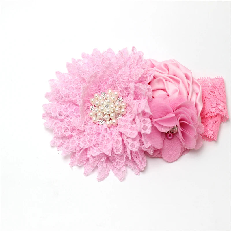 Baby Birthday Headband Photo Props Headwear Chiffon Flower with Diamond Lace Wide Headband for Baby Girls Headwrap Infant Turban