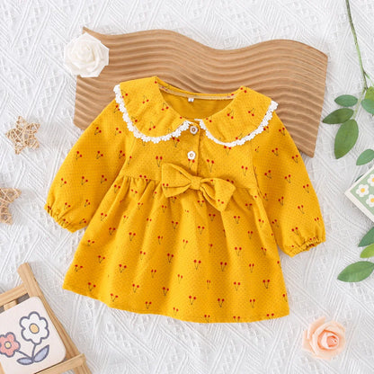 Jupe pour enfants de 0 à 3 ans, nouvelle collection printemps-automne, robe fraîche à motif de cerises, avec nœud décoratif et col haut