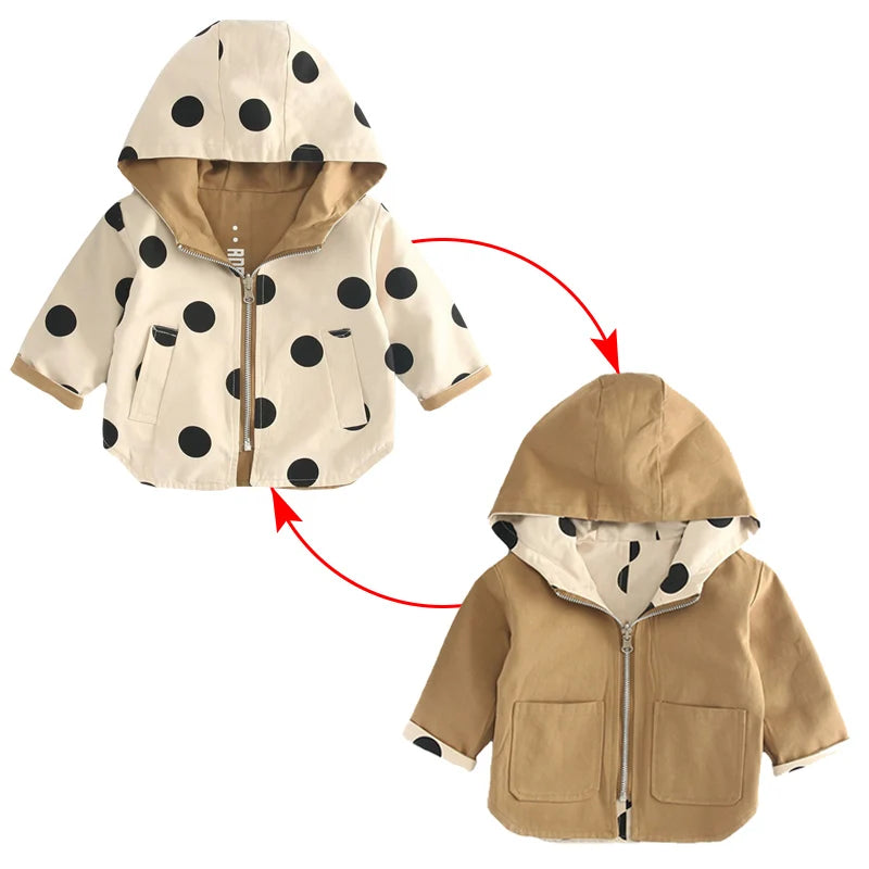 Veste bébé bébé fille coupe-vent printemps et automne nouvelle veste à capuche double face à pois pour enfants veste bébé garçon