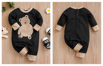 Body bébé à manches longues et courtes brodé en peluche pour garçons et filles, motif ours en peluche mignon, printemps et automne
