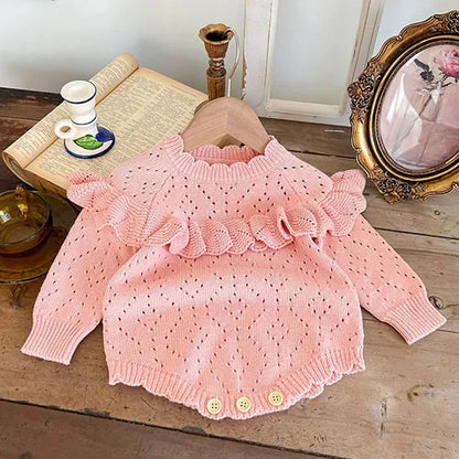 Body tricoté pour nouveau-né fille, couleur unie, ajouré, manches longues, automne, printemps, combinaison tricotée pour bébé fille