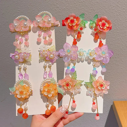 Children's Antique Style Tassel Hair Clip Headwear for Girls Hanfu Flower Hair Clip for Girls Bangs Hair Accessory