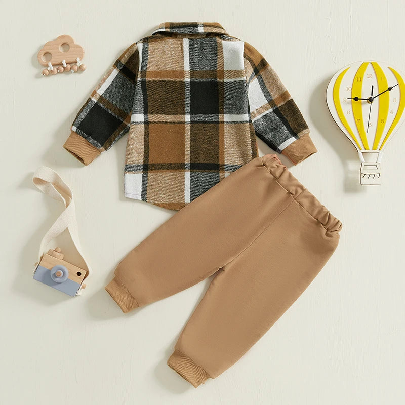 Ensemble 2 pièces pour bébé garçon de 1 à 5 ans, vêtements d'automne à carreaux, chemise à manches longues et pantalon à bande élastique