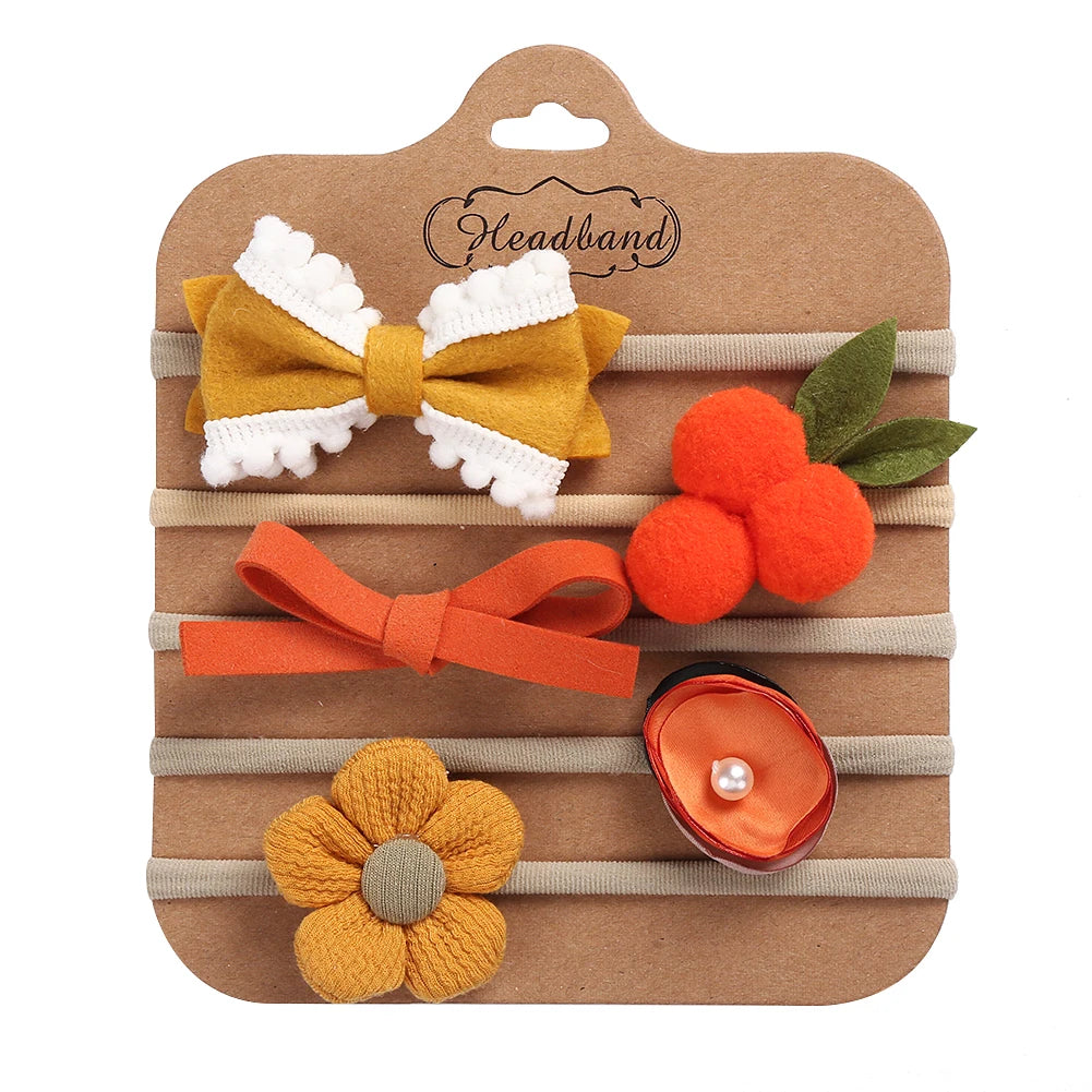 5Pcs/Set Flower Fabric Cloth Bow Print Baby Headband Elastic Nylon Hair Bands Newborn Photography Props Kids Accessories