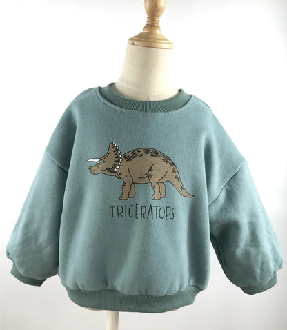 Winter Baby Girls Boys Fleece Velvet Warm Long Sleeve Tops Spring Kids Sweatershirt Dinosaur Print Hoodies