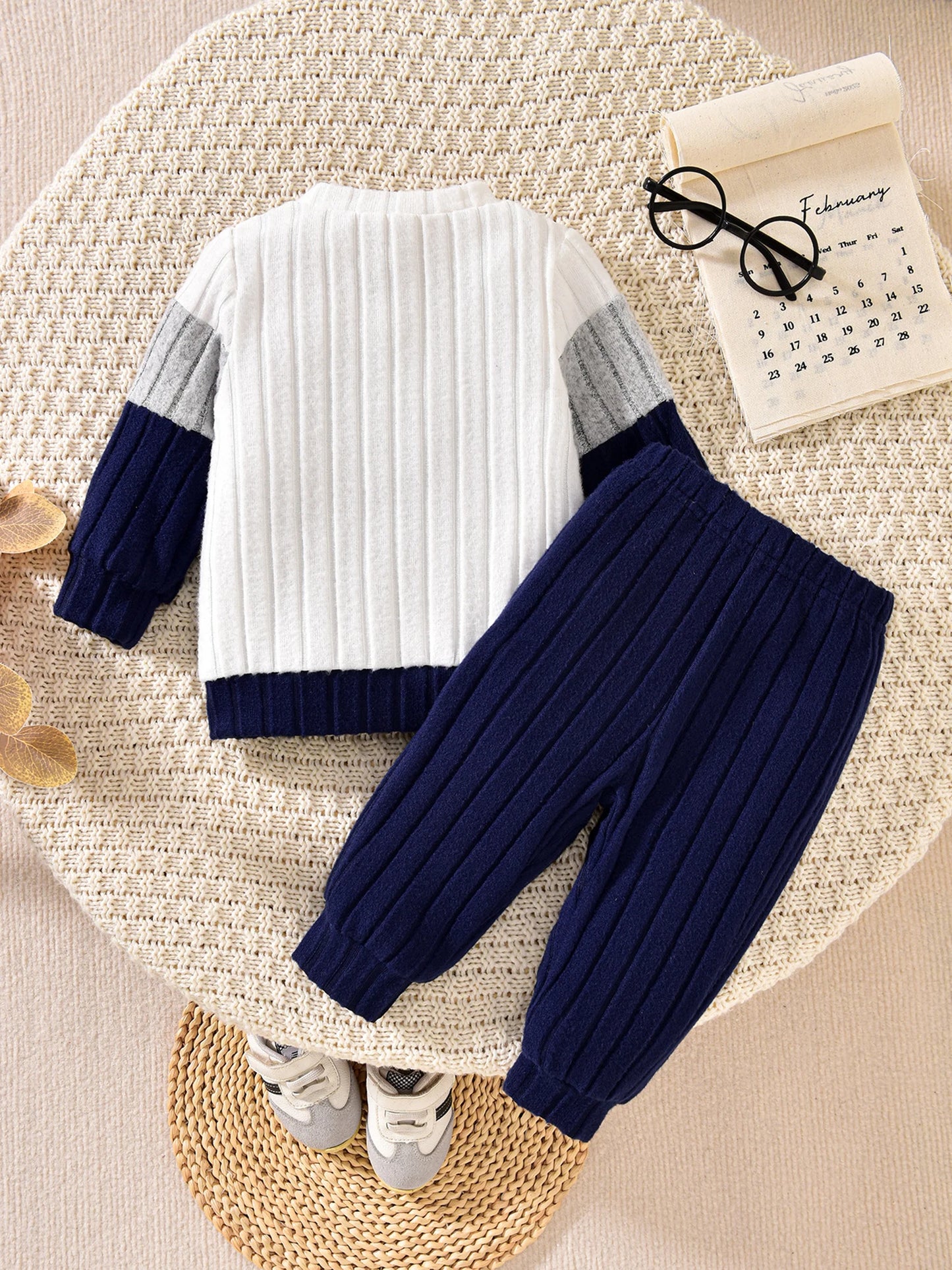 VISgogo Ensemble de vêtements 2 pièces pour garçons de 0 à 3 ans, pull à manches longues et col rond, couleur unie, pantalon