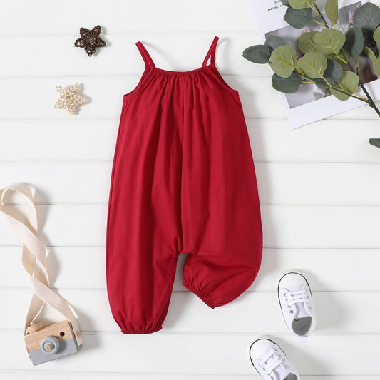 PatPat Salopette ample 100 % coton pour bébé fille, couleur unie, sans manches, bretelles spaghetti, sarouel, douce et confortable