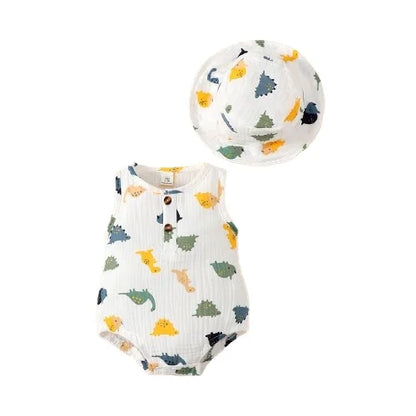 2PCS Clothing Set Newborn Baby Boy Dinosaur Print Sleeveless Bodysuit+Hat Cute Style Summer Photograph Outfit for 0-9 Months