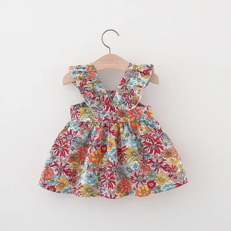 (Filles 0-3 ans) Nouvelle robe d'été pour filles, dos nu, petites manches volantées, fleurs à volants, imprimé complet + sac à bandoulière, robe trapèze