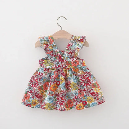 (Filles 0-3 ans) Nouvelle robe d'été pour filles, dos nu, petites manches volantées, fleurs à volants, imprimé complet + sac à bandoulière, robe trapèze