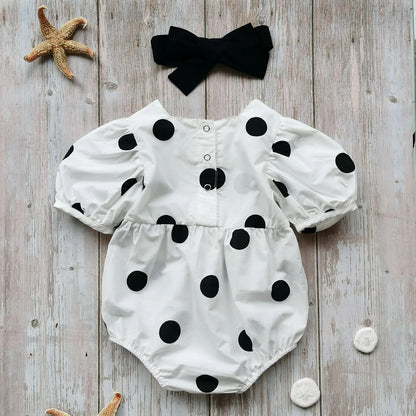 Barboteuse à manches courtes pour bébé avec bandeau à nœud, imprimé à pois, style doux, vêtements d'été, 0-24 mois