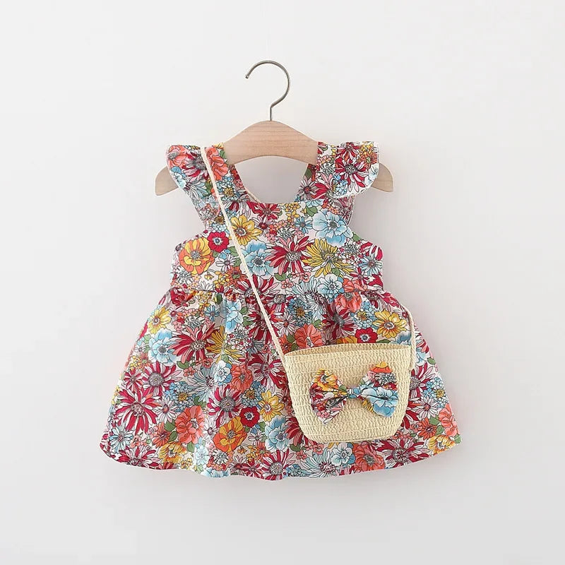 (Filles 0-3 ans) Nouvelle robe d'été pour filles, dos nu, petites manches volantées, fleurs à volants, imprimé complet + sac à bandoulière, robe trapèze
