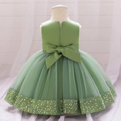 Robe de soirée à paillettes pour petite fille, tenue de bal de fin d'année, de mariage, de Noël, de 1er anniversaire, avec nœud, tenue de princesse en dentelle pour demoiselle d'honneur