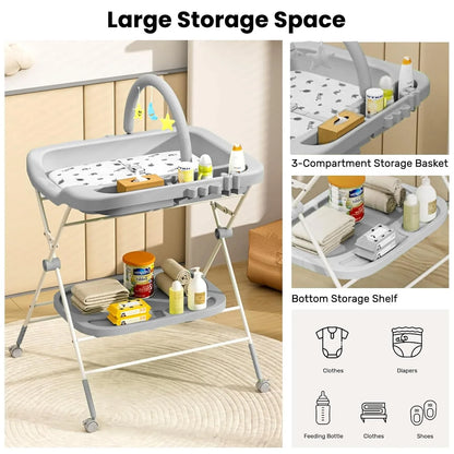 Baby Portable Diaper Changing Table, Folding Diaper Changing Station with Wheels, Adjustable Height Diaper Station with Nursery