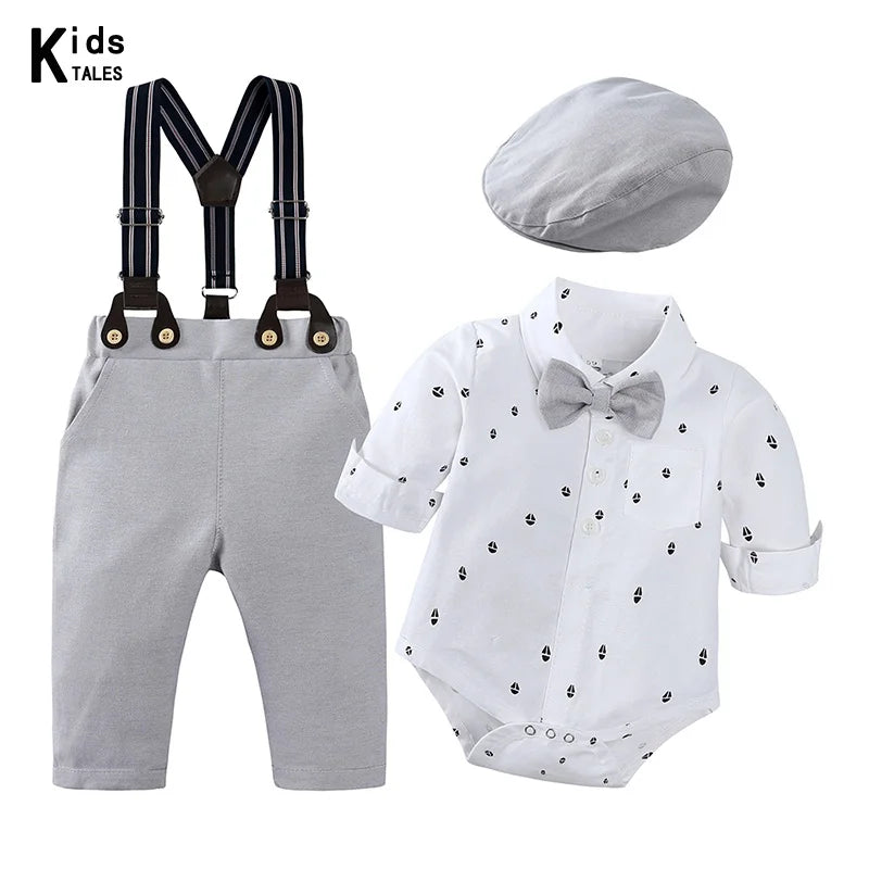 Ensembles de vêtements pour bébés garçons, 3 pièces, chemise à nœud papillon, barboteuse, pantalon et chapeau, robe pour nouveau-né, costume de fête pour homme