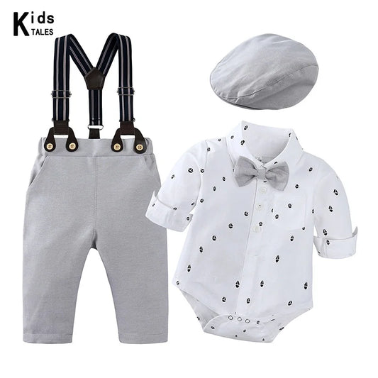 Ensembles de vêtements pour bébés garçons, 3 pièces, chemise à nœud papillon, barboteuse, pantalon et chapeau, robe pour nouveau-né, costume de fête pour homme