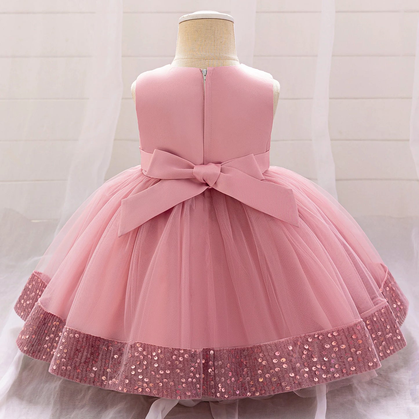 Robe de soirée à paillettes pour petite fille, tenue de bal de fin d'année, de mariage, de Noël, de 1er anniversaire, avec nœud, tenue de princesse en dentelle pour demoiselle d'honneur