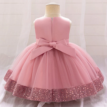 Robe de soirée à paillettes pour petite fille, tenue de bal de fin d'année, de mariage, de Noël, de 1er anniversaire, avec nœud, tenue de princesse en dentelle pour demoiselle d'honneur