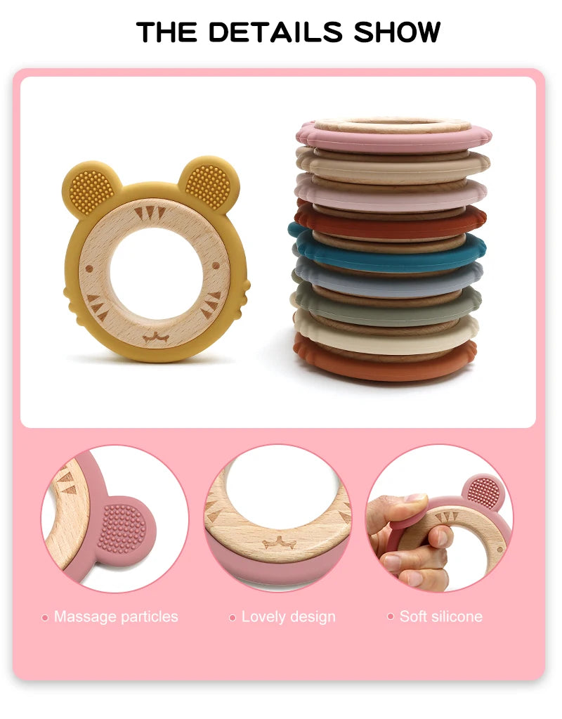 1 anneau de dentition en silicone pour bébé, sans BPA, mignon, dessin animé, pendentif tigre, jouet de dentition, anneau en bois, accessoires à mâcher, jouets pour bébé