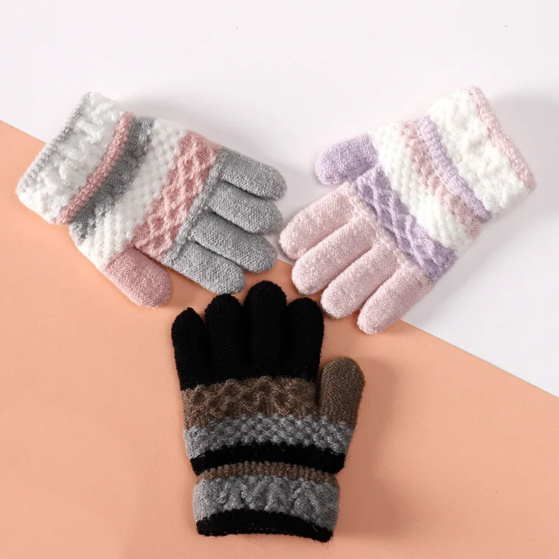 Winter Kindergarten Children Striped Split Finger Gloves Thick Warm Kids Knitted Glove 3-6year Boy Girl Baby Hand Warmer Mittens