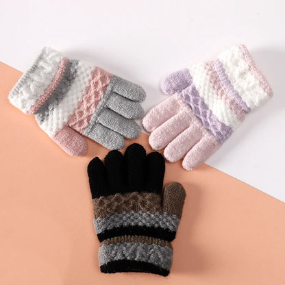 Winter Kindergarten Children Striped Split Finger Gloves Thick Warm Kids Knitted Glove 3-6year Boy Girl Baby Hand Warmer Mittens