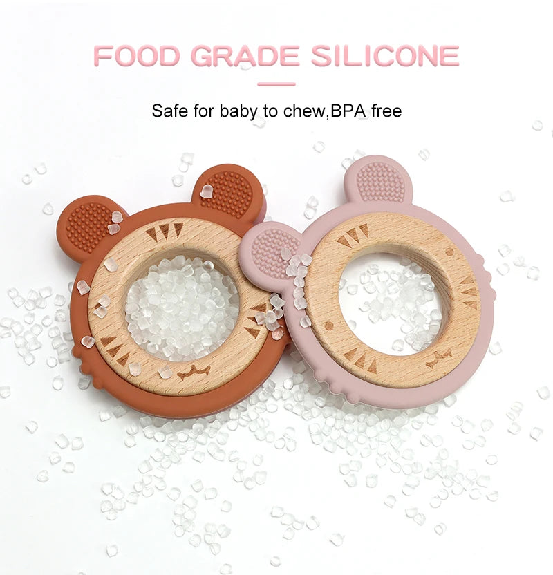 1 anneau de dentition en silicone pour bébé, sans BPA, mignon, dessin animé, pendentif tigre, jouet de dentition, anneau en bois, accessoires à mâcher, jouets pour bébé
