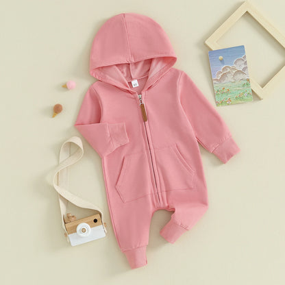 Combinaison Pudcoco pour nouveau-né, manches longues, capuche, fermeture éclair, couleur unie, pour garçons et filles de 0 à 12 mois