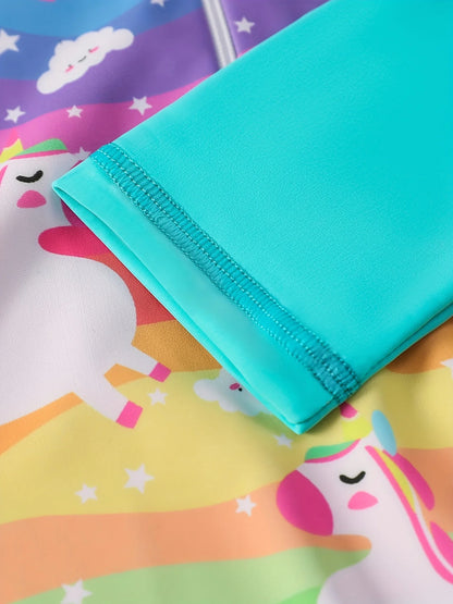 Maillot de bain arc-en-ciel pour fille, manches longues, bas de bikini, imprimés colorés et joyeux, motif animal et cheval fantaisiste