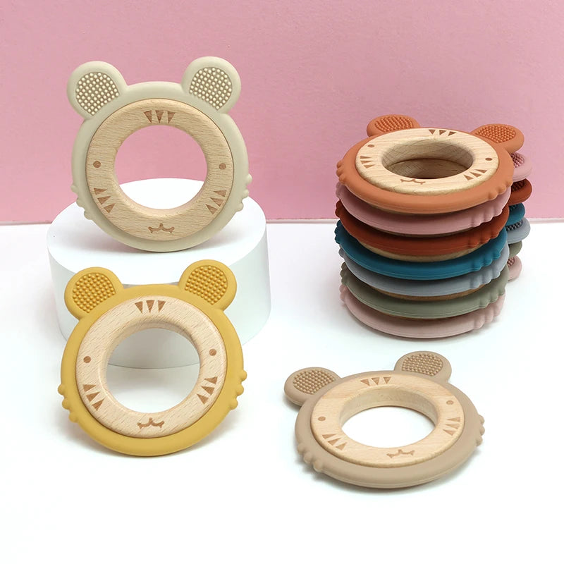 1 anneau de dentition en silicone pour bébé, sans BPA, mignon, dessin animé, pendentif tigre, jouet de dentition, anneau en bois, accessoires à mâcher, jouets pour bébé