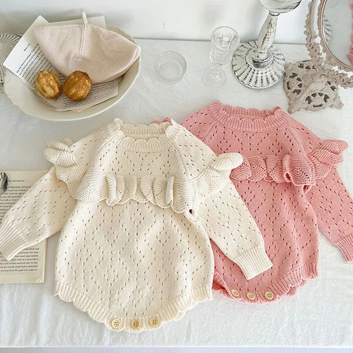 Body tricoté pour nouveau-né fille, couleur unie, ajouré, manches longues, automne, printemps, combinaison tricotée pour bébé fille