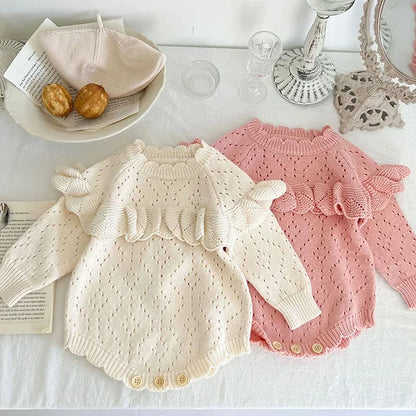 Body tricoté pour nouveau-né fille, couleur unie, ajouré, manches longues, automne, printemps, combinaison tricotée pour bébé fille