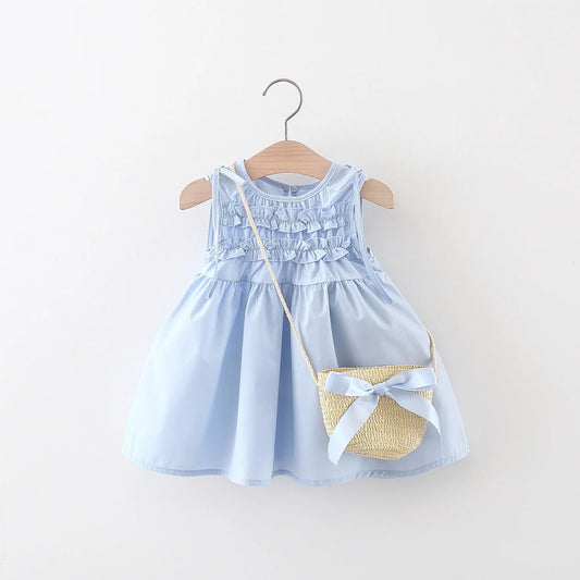 Robe d'été pour bébé fille, tenue de plage, style coréen, simple, bleue, sans manches, pour enfant, paquet gratuit (9 mois à 3 ans)