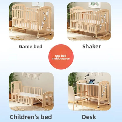 2025 New Baby Comfortable Sleeping Bed Solid Wood Newborn Baby Bed Multifunctional Baby Rocking Bed with Wheels and Mosquito Net