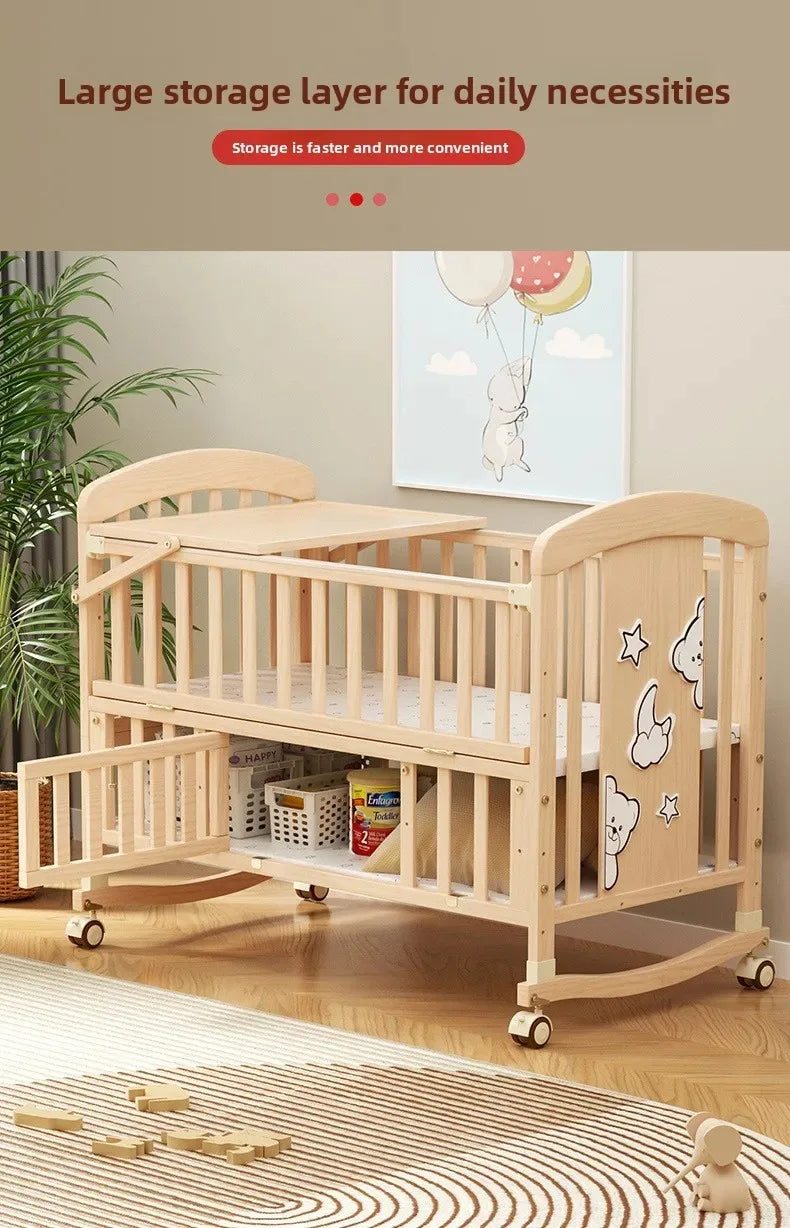 2025 New Baby Comfortable Sleeping Bed Solid Wood Newborn Baby Bed Multifunctional Baby Rocking Bed with Wheels and Mosquito Net