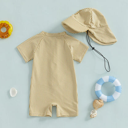 Maillots de bain d'été pour bébés garçons, imprimés rayés, fermeture éclair, col rond, manches courtes, combinaisons anti-éruption cutanée, chapeaux, maillots de bain