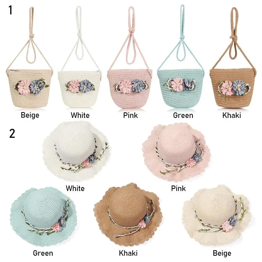 New Summer Kids Flower Caps Bag Girl Sandy Beach Hat Baby Coin Cute Weave Straw Purse Children's Messenger Backpack