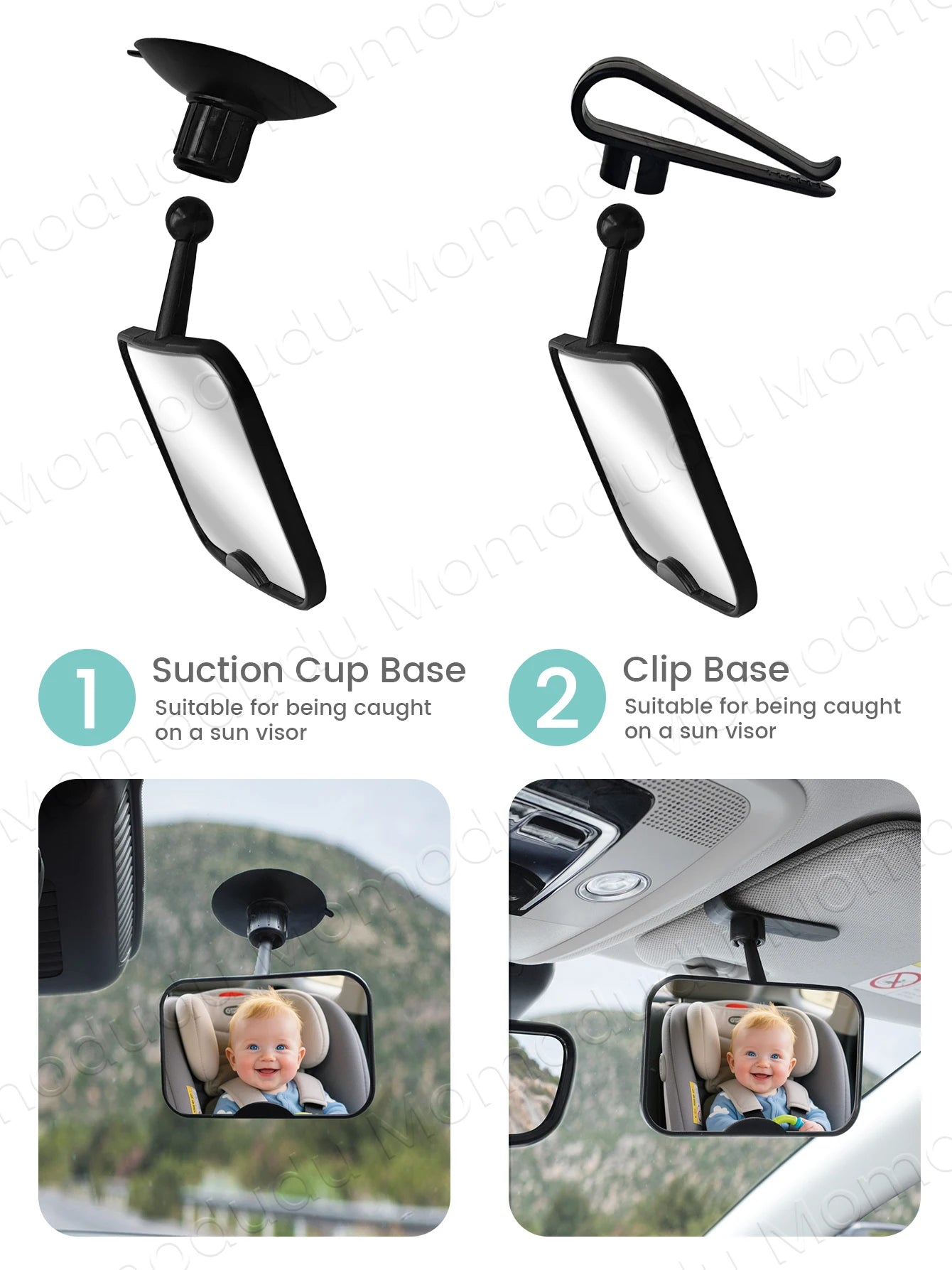 2-in-1 Black Adjustable Car Seat Mirror 360° Rotatable Shatterproof Suction Cups Easy Install for Rear-Facing Kids Monitoring
