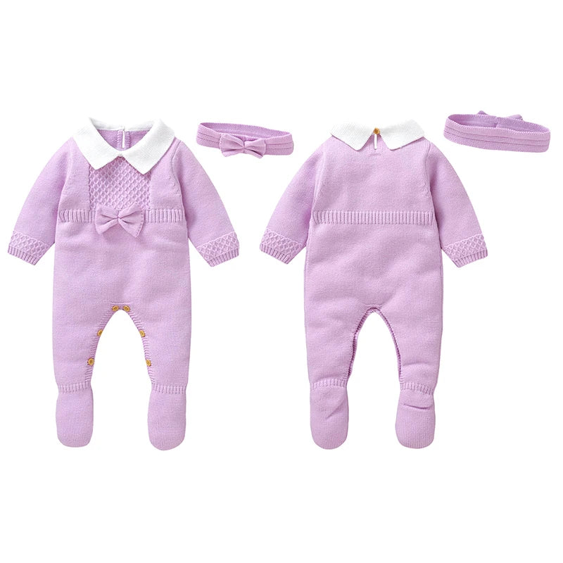 Barboteuse en tricot pour bébé fille de 0 à 9 mois, manches longues, revers, nœud sur le devant, pull à pieds avec bandeau