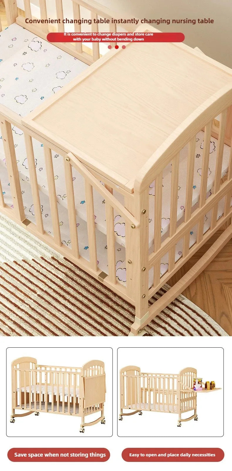 2025 New Baby Comfortable Sleeping Bed Solid Wood Newborn Baby Bed Multifunctional Baby Rocking Bed with Wheels and Mosquito Net