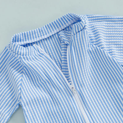 Maillots de bain d'été pour bébés garçons, imprimés rayés, fermeture éclair, col rond, manches courtes, combinaisons anti-éruption cutanée, chapeaux, maillots de bain