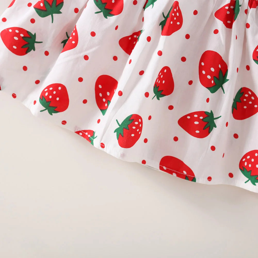 Ensemble robe et chapeau d'été pour bébé fille, 2 pièces, robe décontractée à petits pois ronds, imprimé fraise, nœud sur le devant, pour tous les jours
