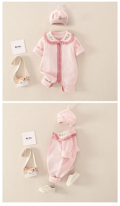 Barboteuse tricotée en coton à manches longues pour nouveau-né fille, col brodé, combinaison pour bébé fille, automne-hiver 2024