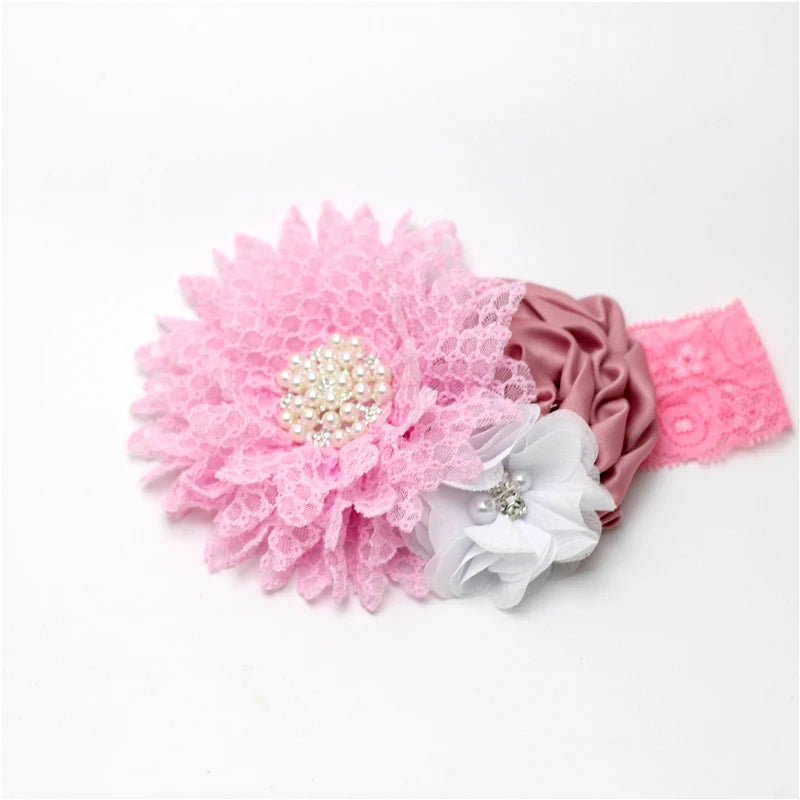Baby Birthday Headband Photo Props Headwear Chiffon Flower with Diamond Lace Wide Headband for Baby Girls Headwrap Infant Turban