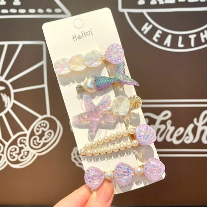 5 Pcs Cute Hair Clip Set Bangs Hairpin Mermaid Shell Starfish Pearl Sea princess Baby Girl Barrettes Hair Accessories