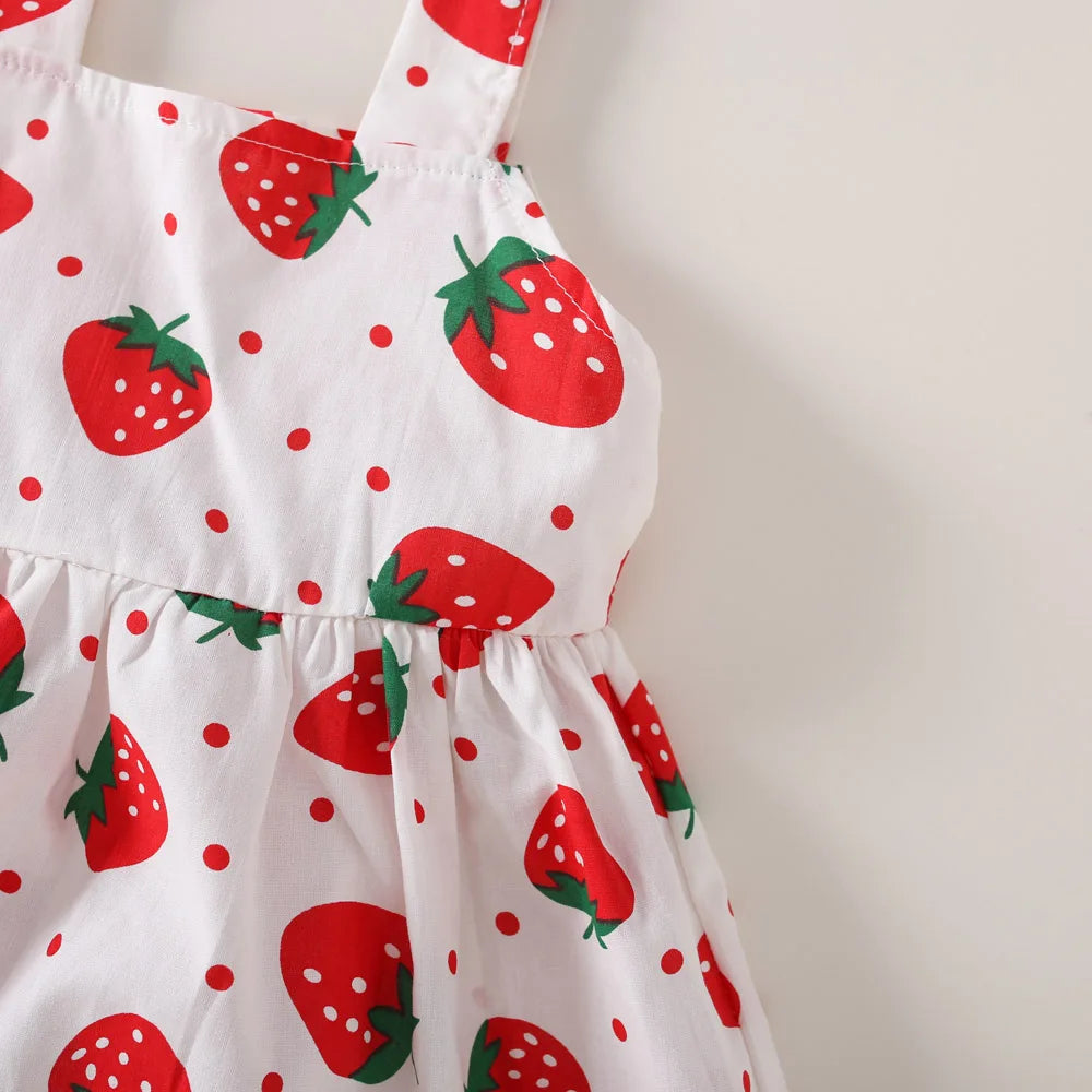 Ensemble robe et chapeau d'été pour bébé fille, 2 pièces, robe décontractée à petits pois ronds, imprimé fraise, nœud sur le devant, pour tous les jours